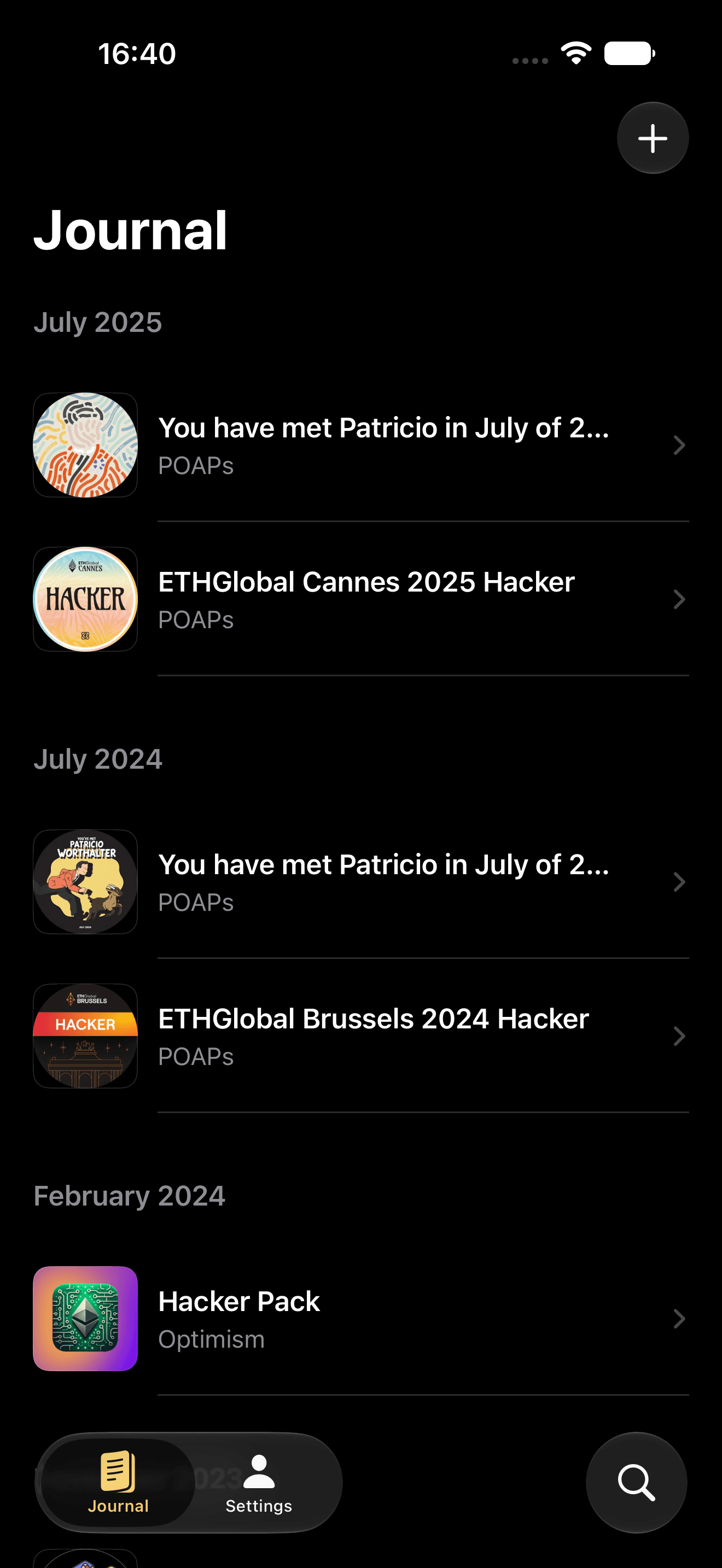 NFT Gallery Widget Journal showing POAPs and NFTs in chronological order