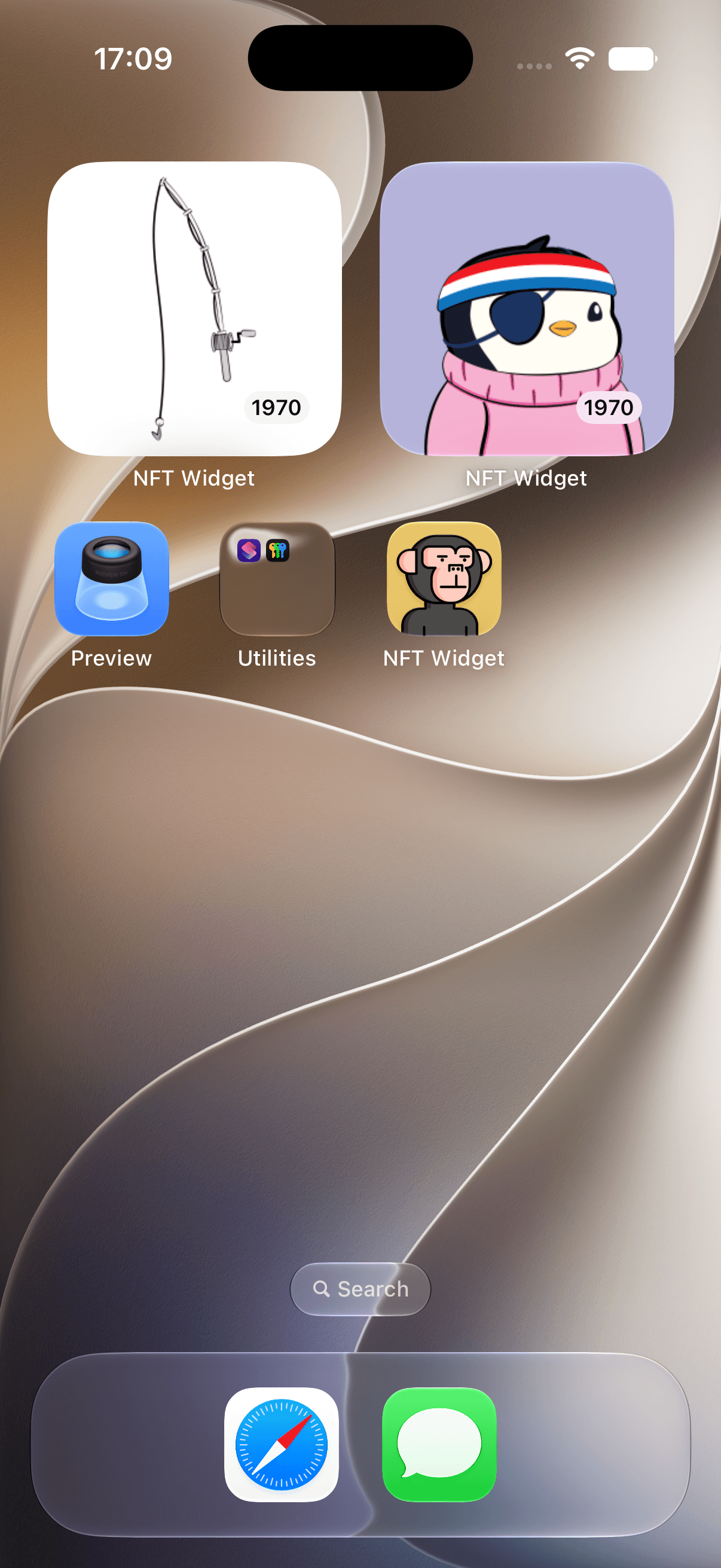 Two NFT Gallery widgets displaying digital art on an iPhone Home Screen